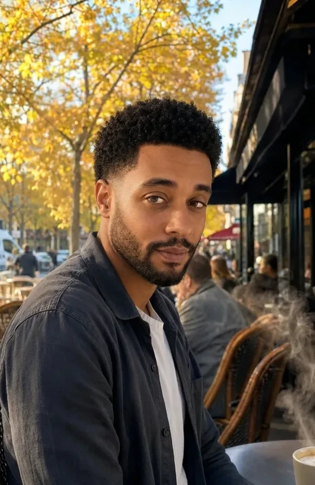 The same man at his best — rested, groomed, sharper — same café, same photo