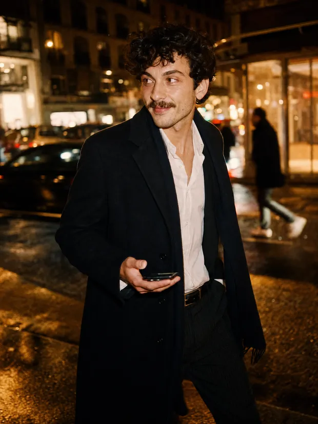 A man walking a neon-lit street at night, checking his phone